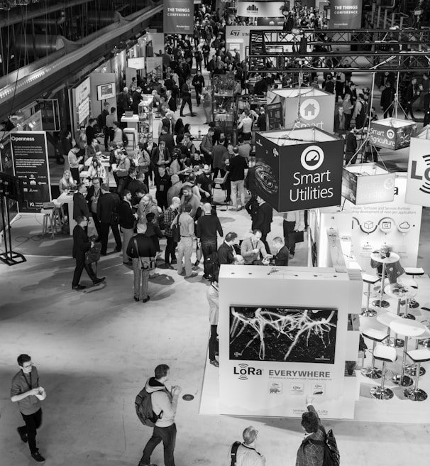 A vibrant international conference scene with diverse attendees exchanging ideas and networking.
