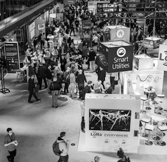 A vibrant international conference scene with diverse attendees exchanging ideas and networking.